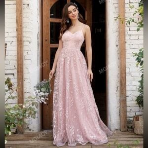 New Spaghetti Strap Embroidery Mesh Overlay Floral Maxi Dress, Sz M